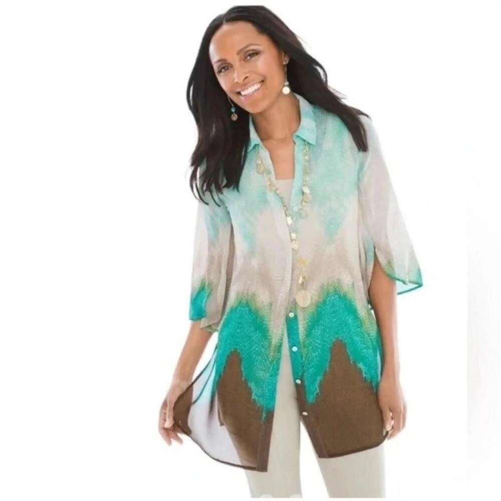 Chicos Sz XL Artisanal Chiffon Tunic Cover Up V Neck Kimono Sleeve‎ Side Slit